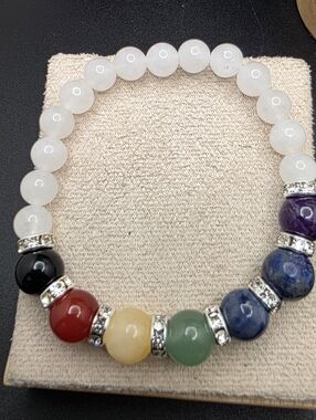Multi-Color Chakra Beaded Stretch Bracelet with White Quartz Accent (1270)